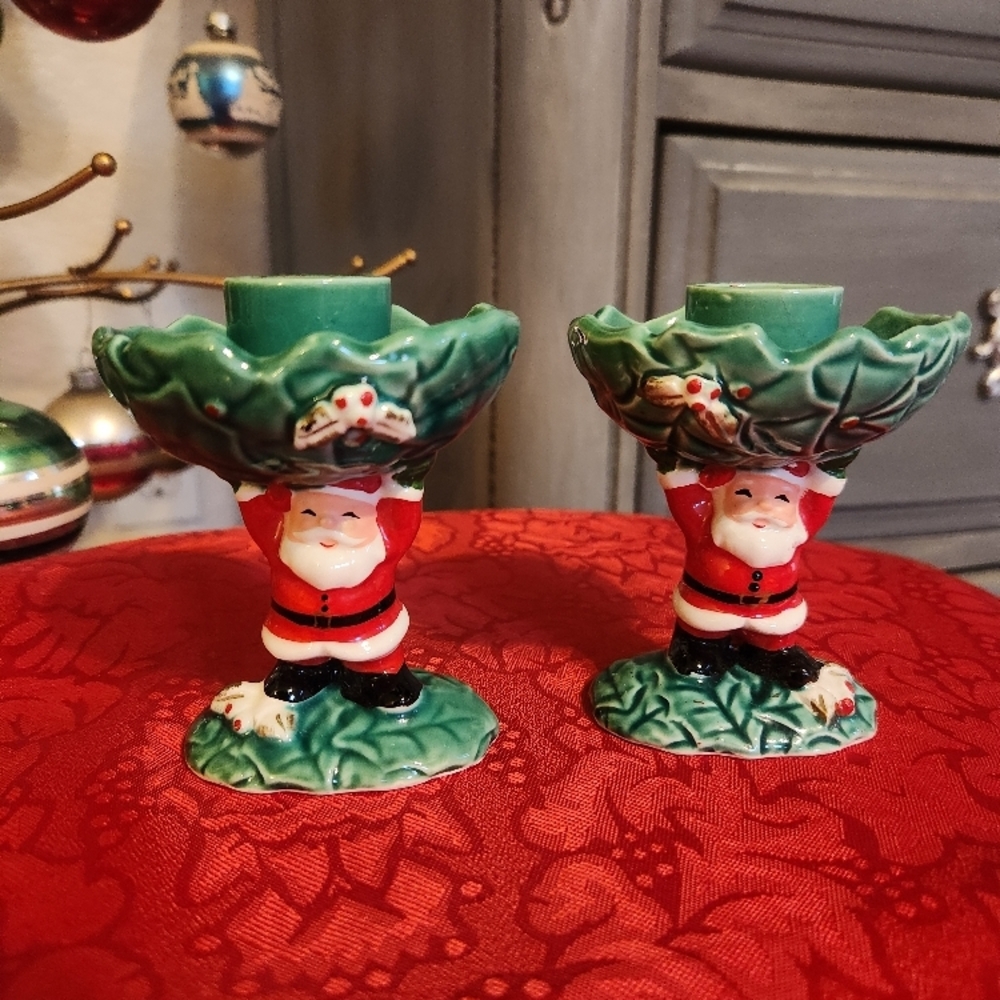Vintage Santa Candle Holders - Green and Red